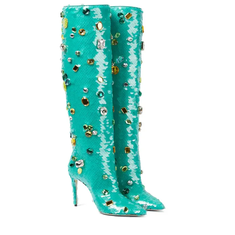 Sequin Women's High Boots Autumn And Winter New Pointed Ultra-High Heel 9.5cm Color Rhinestone Metal Decorative Green Boots