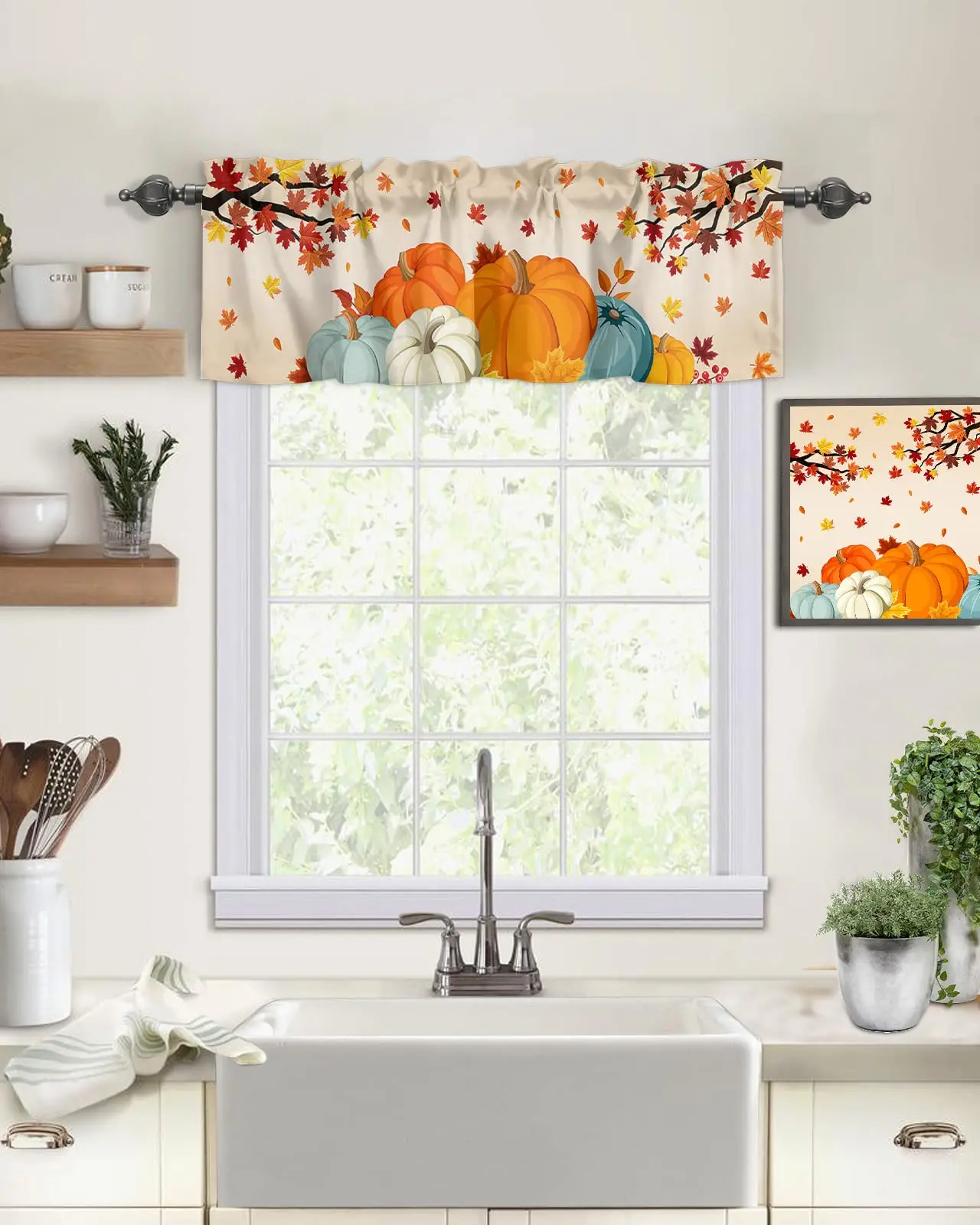 Harvest Pumpkin Kitchen Valance 1 Panel, Rod Pocket Maple Leaf Fall Curtain, Thanksgiving Autumn Window Topper Drapes