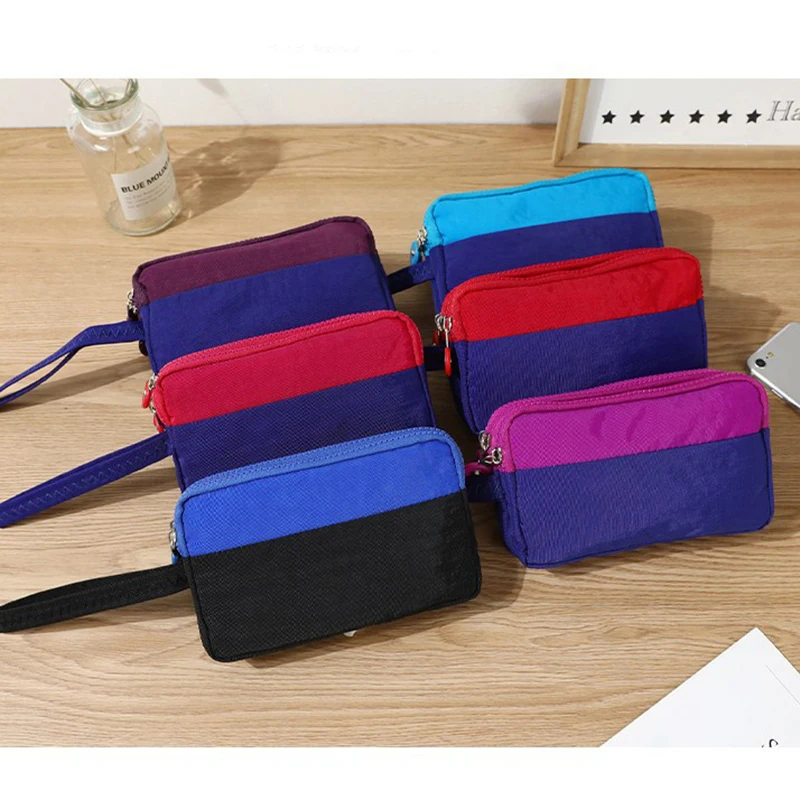 5pcs Coin Purses Women Nylon Three layer Patchwork Double Zipper Ear Line Lipstick Holder Long Storage Bag With Wrist Mix Color