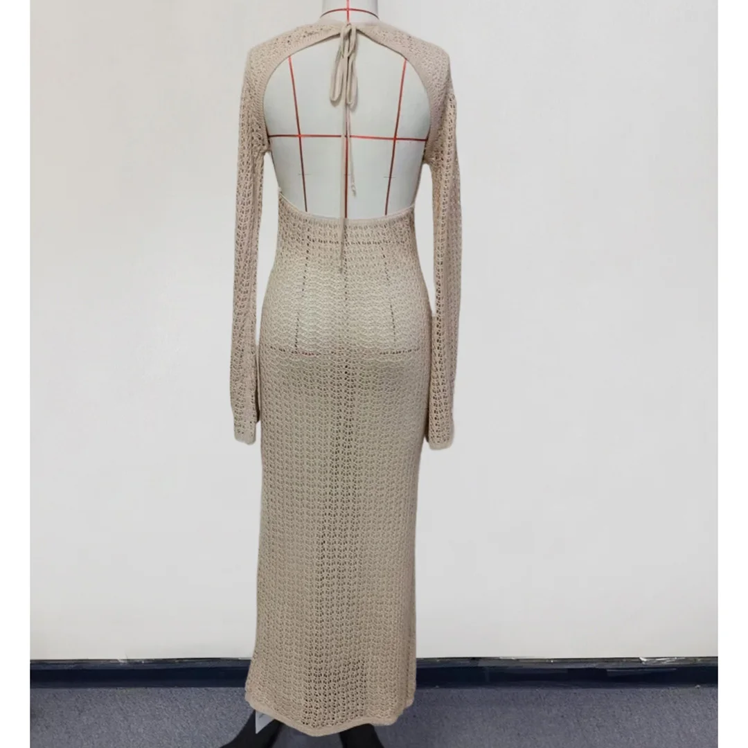 3D-Blumen-V-Ausschnitt, langärmeliges, gehäkeltes, gestricktes Tunika-Strandkleid, Strandkleid, Strandmode, Damen V5852 – Detail 22
