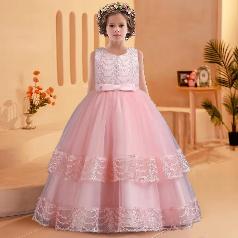 4-14 year old children\'s sleeveless embroidered evening dress girl baby birthday party sequin dress wedding flower child dress