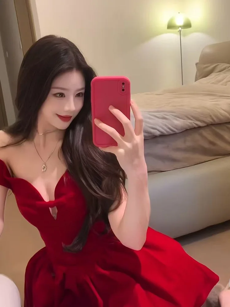 

Elegant Red Birthday Party Dress Women's Puffy Princess Short Skirt One Shoulder Hollow out Waist Cinched A-Line Dress