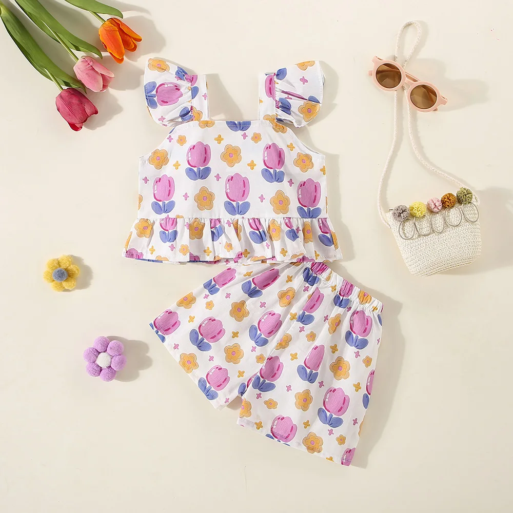 Summer Set 2/Piece Girl Baby Strap+Shorts Girl Cartoon Tulip Printed Small Flying Sleeve Strap Top