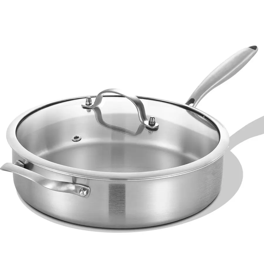 

5 Quarts TriPly Stainless Steel Saute Pan wih Lid, 12 Inch Deep Frying Pan,Jumbo Cooker,Induction Cooking Pan,Dishwasher and Ove