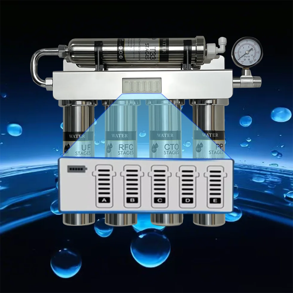 SWP57-4+1 Multi-stage Automatic Reminder Activated Carbon Sink Manual Water Purifier 180L/H 304 Stainless Steel Water Filter