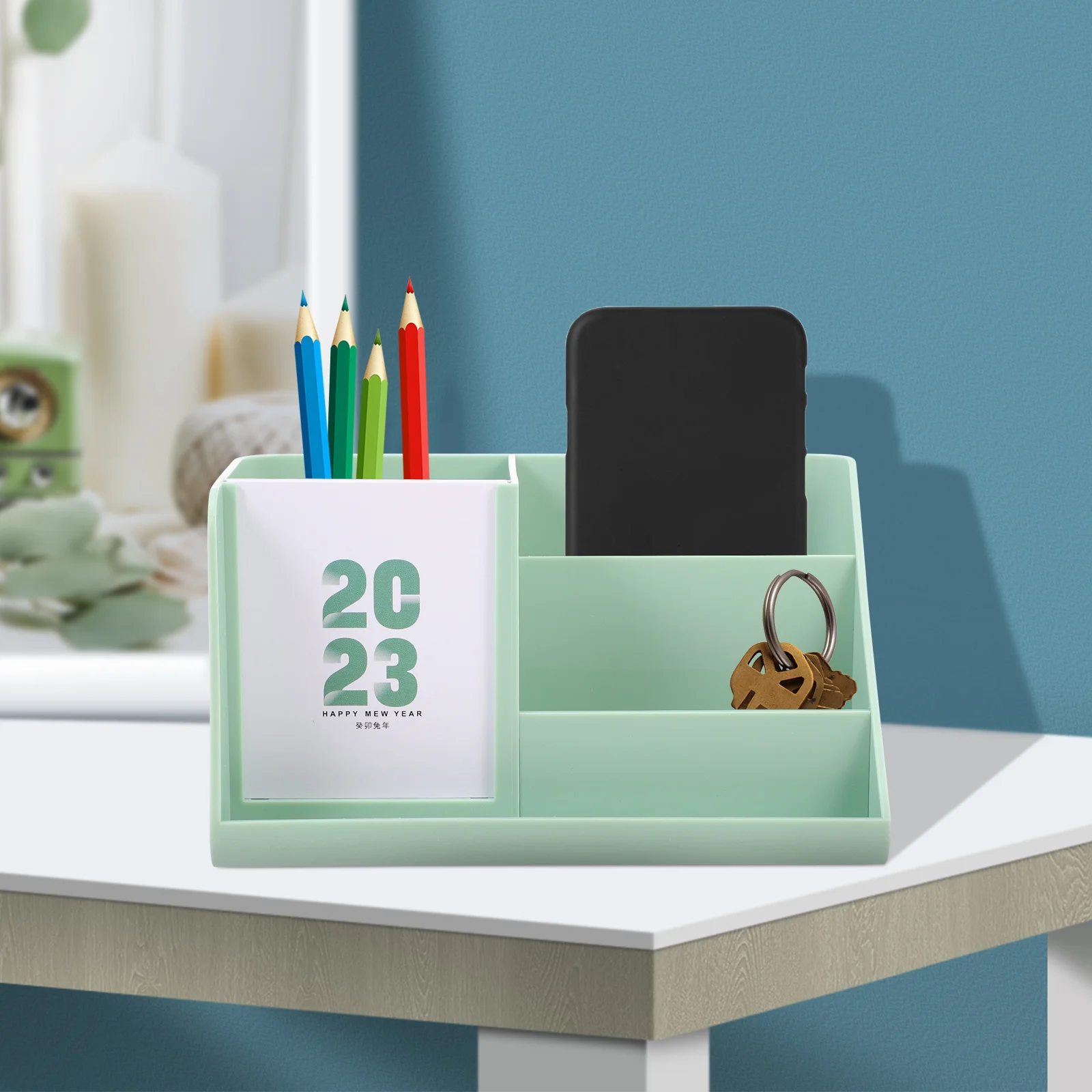 

2023 Mini Desktop Calendar Stand Stationery Storage Box Plastic Notepad Holder Compact Organizer For Pens Cards Sundries Tidy