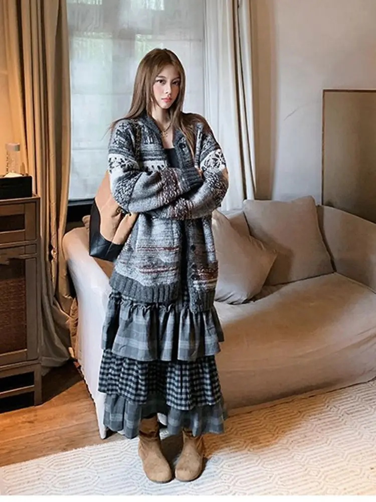 Japanese Dark Gray Layered Patchwork Plaid Maxi Skirt E-girl Grunge Aesthetic High-Waisted Cake Skirt Punk Gothic Hip Hop Dress