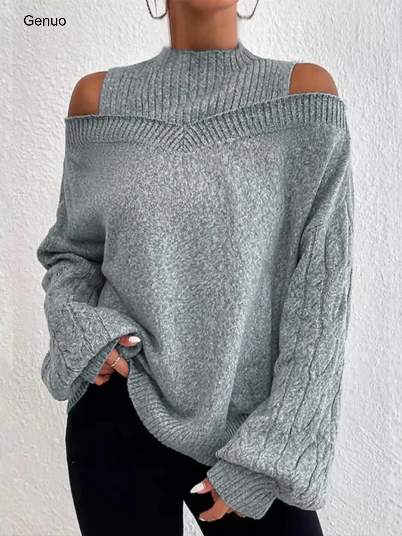 2026 Women Half High Neck Off Shoulder Loose Knit Sweater Casual Cutout Long Sleeve Pullover Autumn Winter Tops