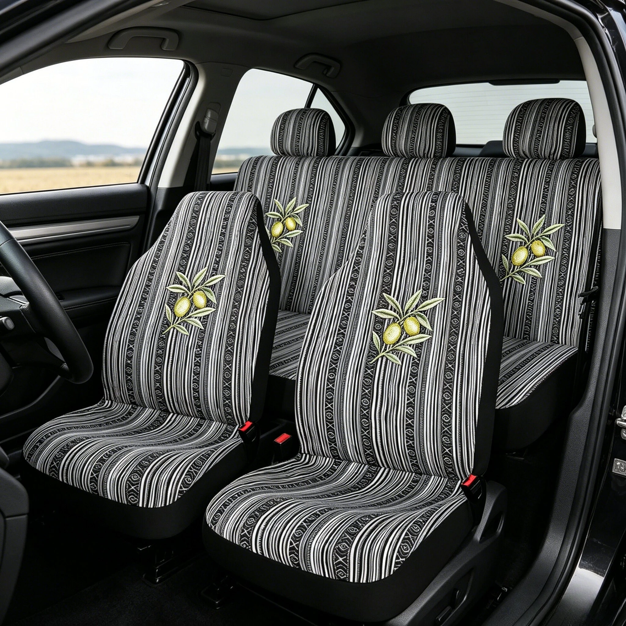 AUTOKING Striped Universal Car Seat Covers Full Set Washable Customizable with Seat Belt Pads and Steering Wheel Cover