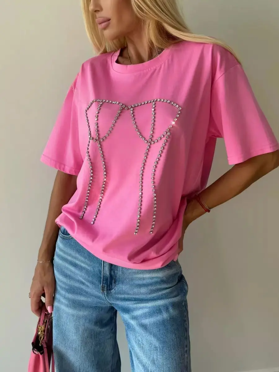 Cotton Heavy Love Hot Drill American Retro Short Sleeve Tshirt for Women O Neck Casual Loose Tees Tops Oversized Summer T-shirt