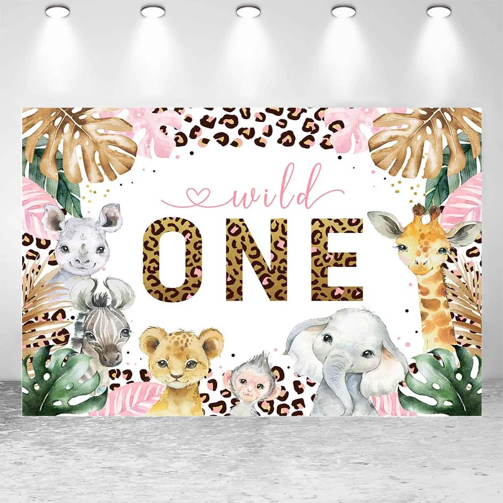 Mocsicka Girl Wild One Birthday Sfondo Giungla tropicale Foglie Animali Baby 1st Birthday Party Decor Sfondo Photocall Puntelli