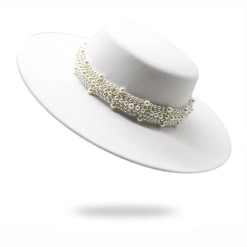 spring autumn Women\'s cap hats Bowler round fedoras wide brim Pearl with chain headgear chapel beach Wedding picture elegant new