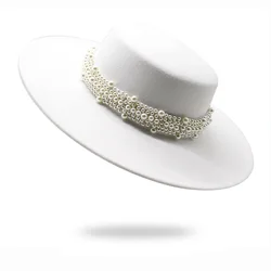 Sombrero de ala ancha con cadena para mujer, sombrero redondo con lazo, perla, sombrero de playa, imagen de boda, elegante, nuevo, primavera y otoño