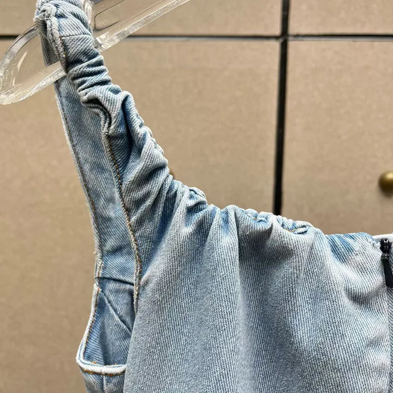 Women's gathered off-shoulder dress, sleeveless chest-wrapped one-shoulder denim washed mini skirt, high quality dress, 2026,y2k view 5