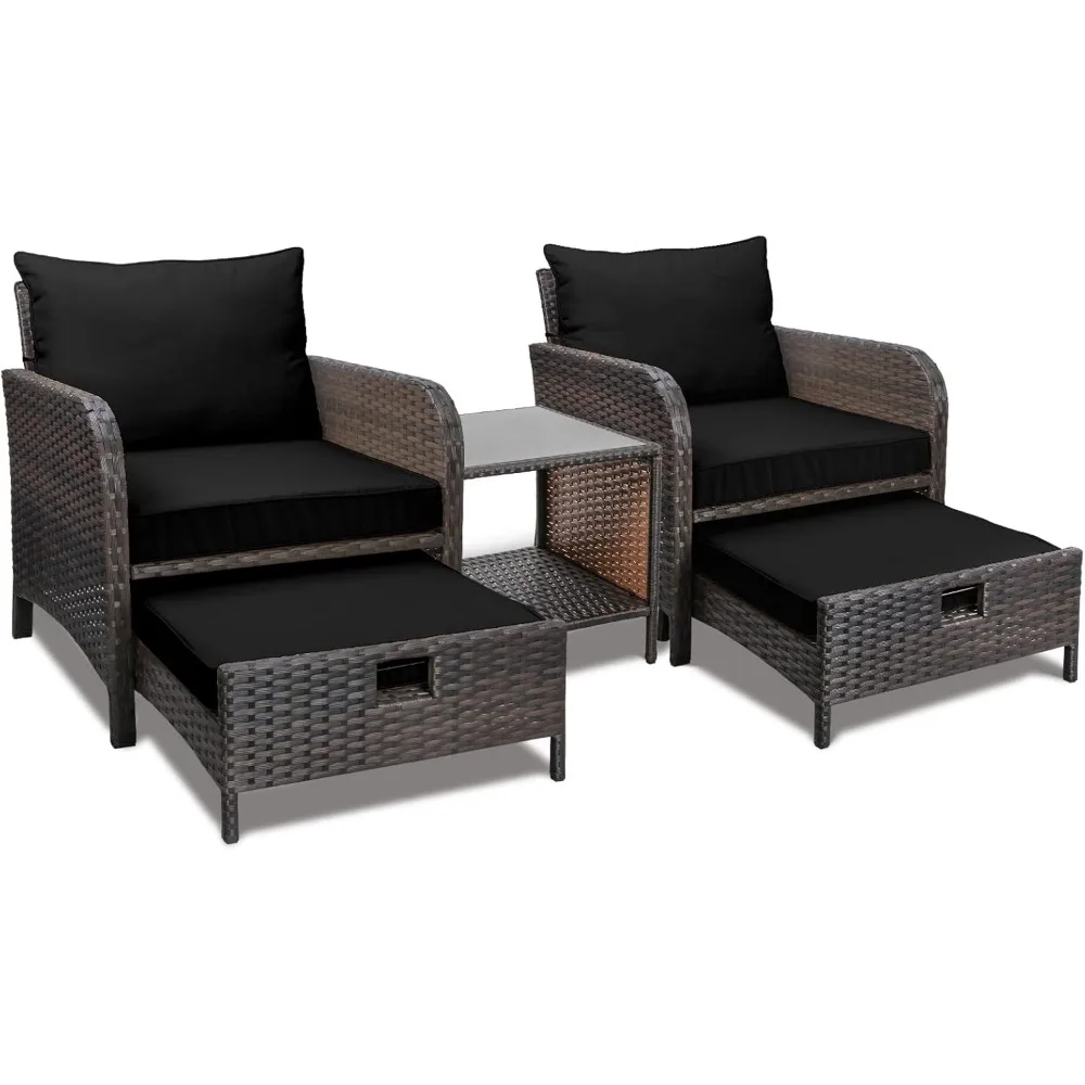 

Balcony Furniture 5 Piece Patio Conversation Set,PE Wicker Rattan Outdoor Lounge Chairs with Soft Cushions 2 Ottoman&Glass Table