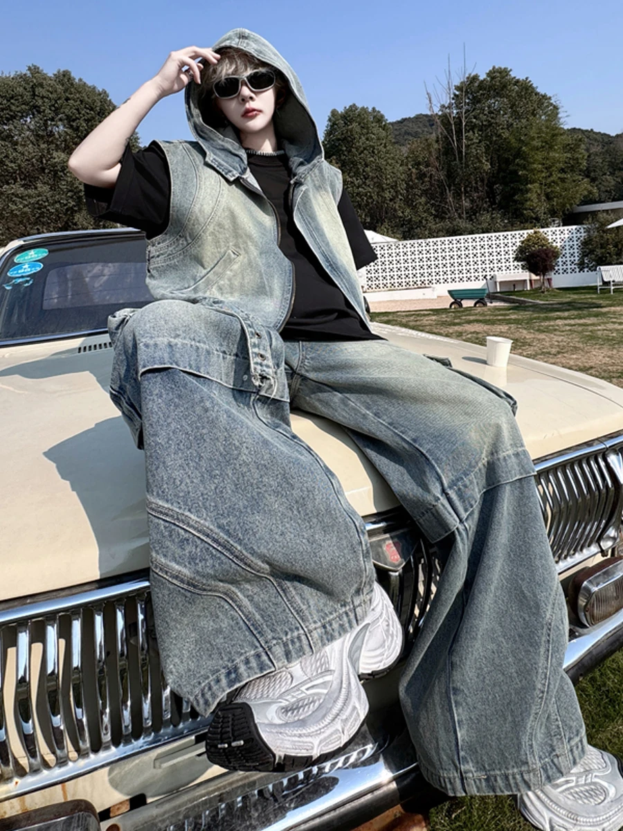 

Summer New Loose Men's Denim Vest Hat with Multiple kets Long Pants Workwear Set Pure Color Casual Faion Youth Sle