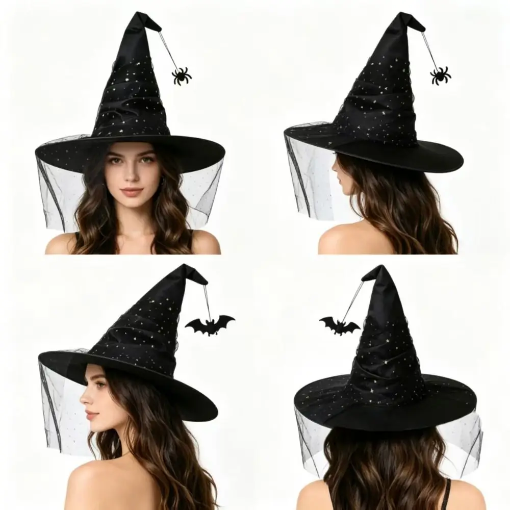 Mesh Yarn Cover Halloween Witch Hat With Veil Sparkling Stars Wizard Cap Tall Pointed Cone Top Spider Bat Pendant Masquerade Cap