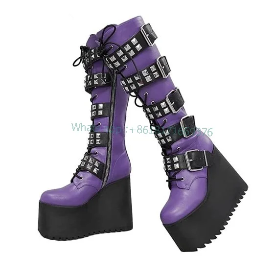 Punk Leather Long Rivet Platform High Heel Boots Girl Buckle Knee High Round Toe Boots Women Street Design Rocking Dress Shoes