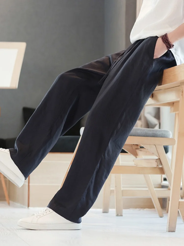 

Льняные брюки из смесового хлопка, летние, тонкие, широкие, прямого кроя, свободные, повседневные, длинные, для мужчин, дышащие, комфортные