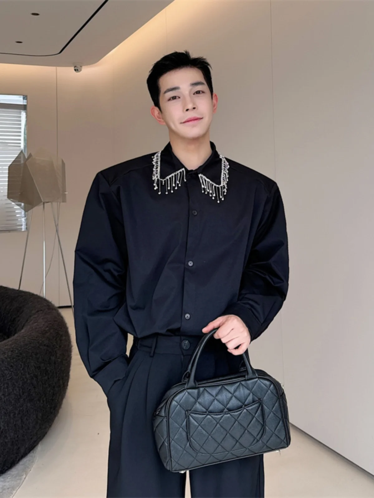 

Diamond Chain Tassel Design Long Sve Loose Fit Casual irt for Men Sli Versatile Youthful Trend Spring Season