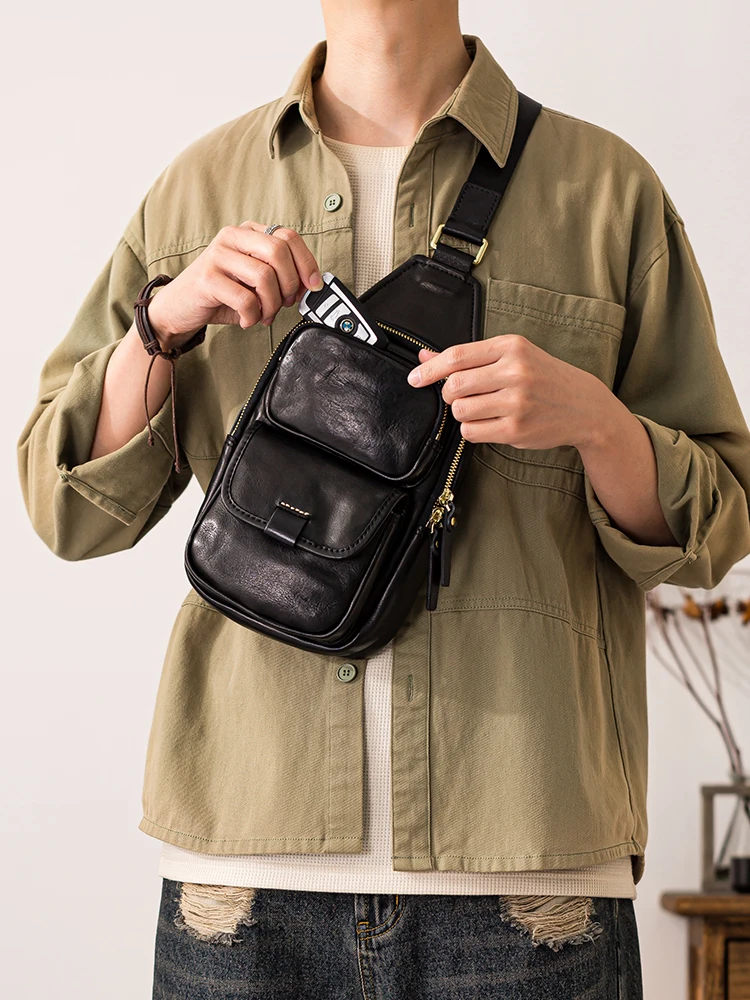 casual sports high-quality First layer cowhide men's chest bag fashion luxury handmade cow leather multi-pocket crossbody bag