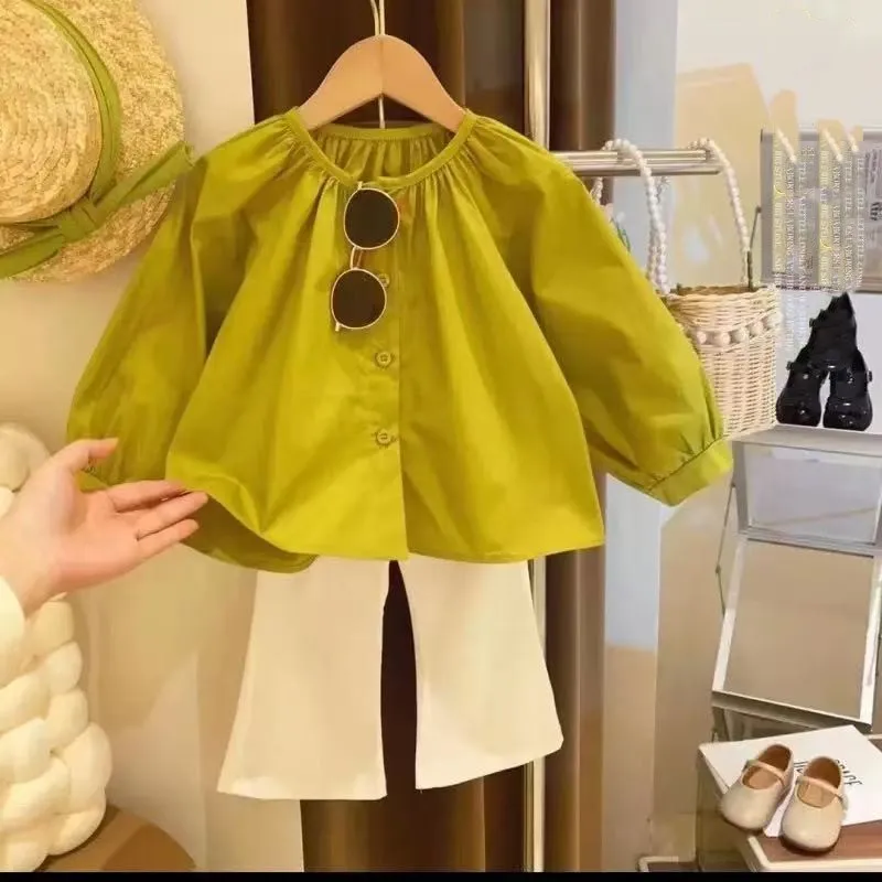 

Baby Girls Clothing Set Spring Autumn children Lantern Sleeves Solid Color Doll Shirt Micro La Casual Pants Two-piece Set Fashio