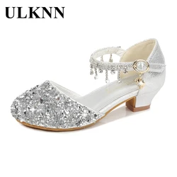 ULKNN Girls Glitter Sandals Children's High Heels Shoes Kids Performance Crystal Sandals Baby Catwalk Princess Children's Shoes