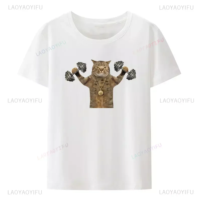 Funny Gym Lover The Cat Bodybuilder with A Sports Medal Is Doing Exercises with Dumbbell Weights Modal T Shirt Breathable Shirt