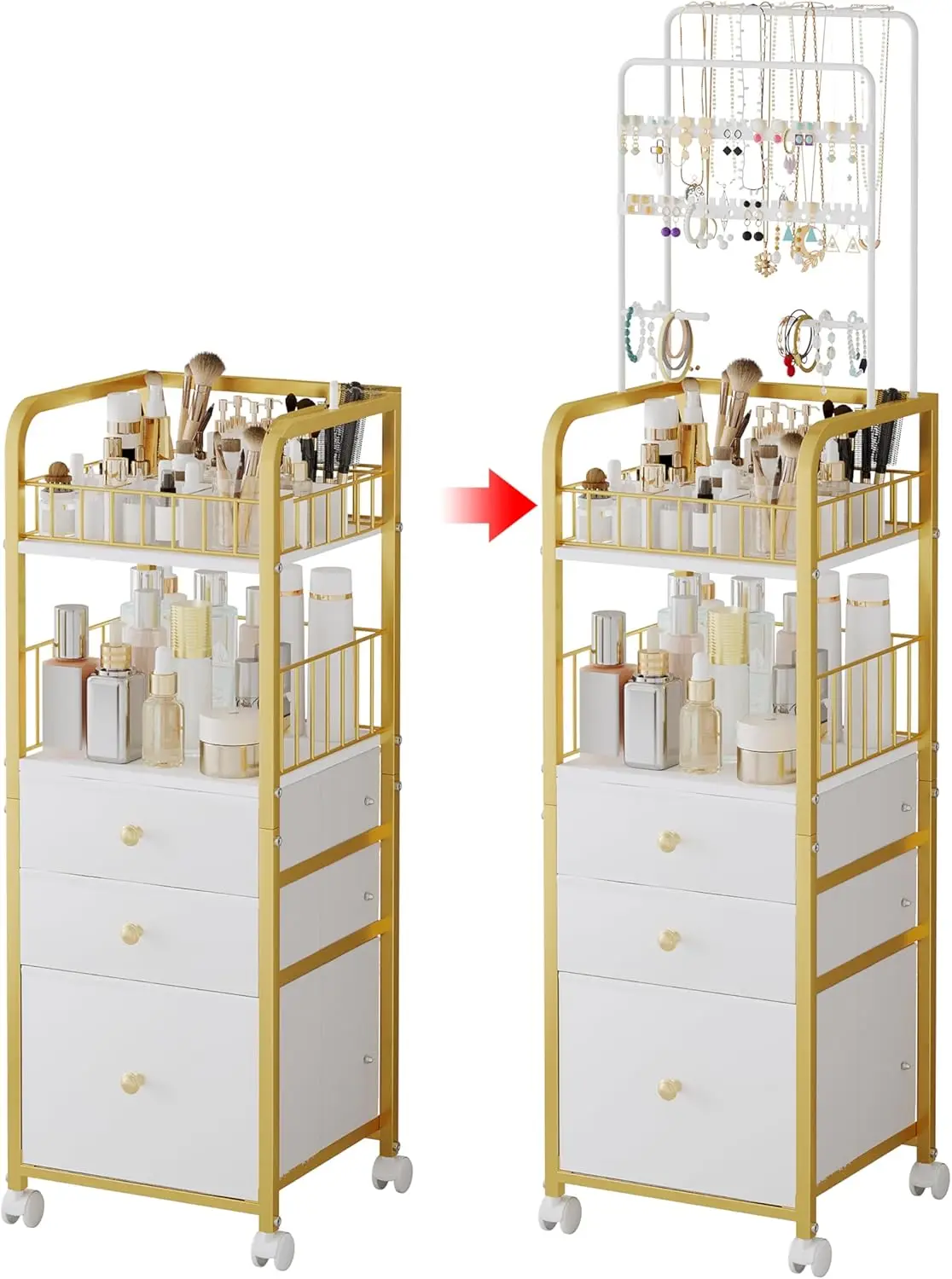 

Золотая тележка-органайзер для макияжа с 3-мя ящиками для ювелирных изделий, сережек, духов и косметических инструментов