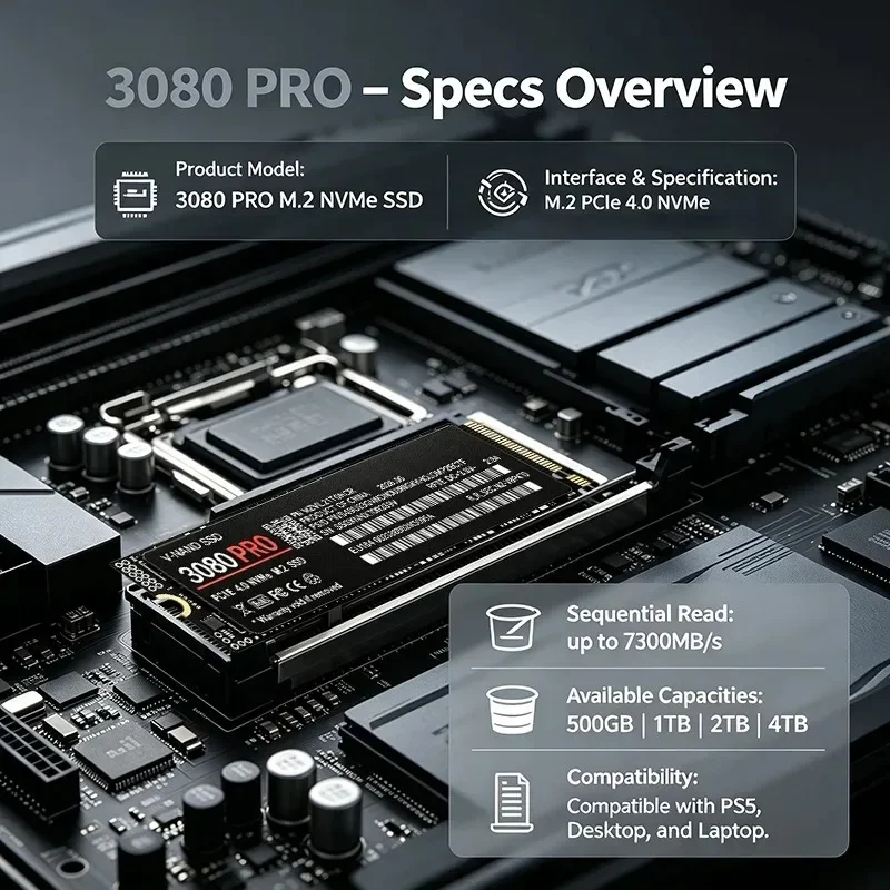 3080 PRO M.2 NVMe SSD 2280 TLC 3D NAND 7300MB/s Internal Solid State Drive 500GB-4TB for Laptop Desktop PC PS5 Gaming