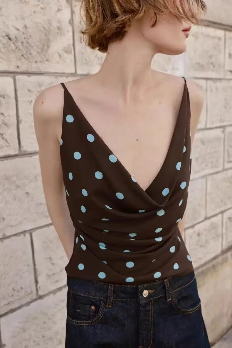 DSMTRC Sexy Women Polka Dot Sling Top 2026 Summer Holiday Beach Camisole Loose Hang Neck Pleated Backless Sleeveless Female Vest