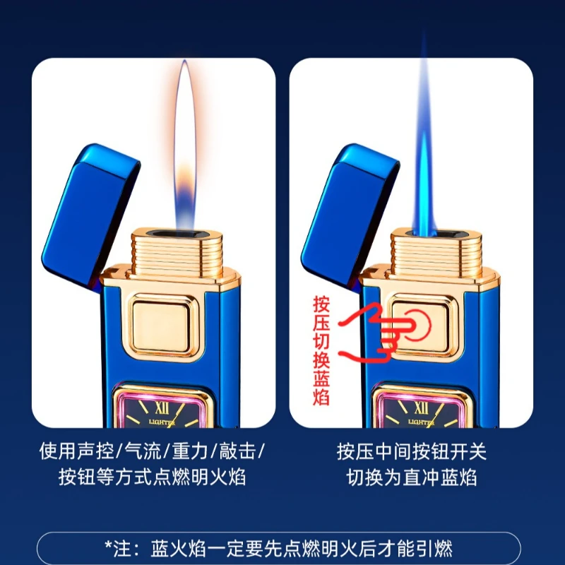 True Watch Voice Controlled Ignition Dual Fire Butane Gas Lighter Visual Gas Window Open Flame Charge Jet Flame Electric Lighter
