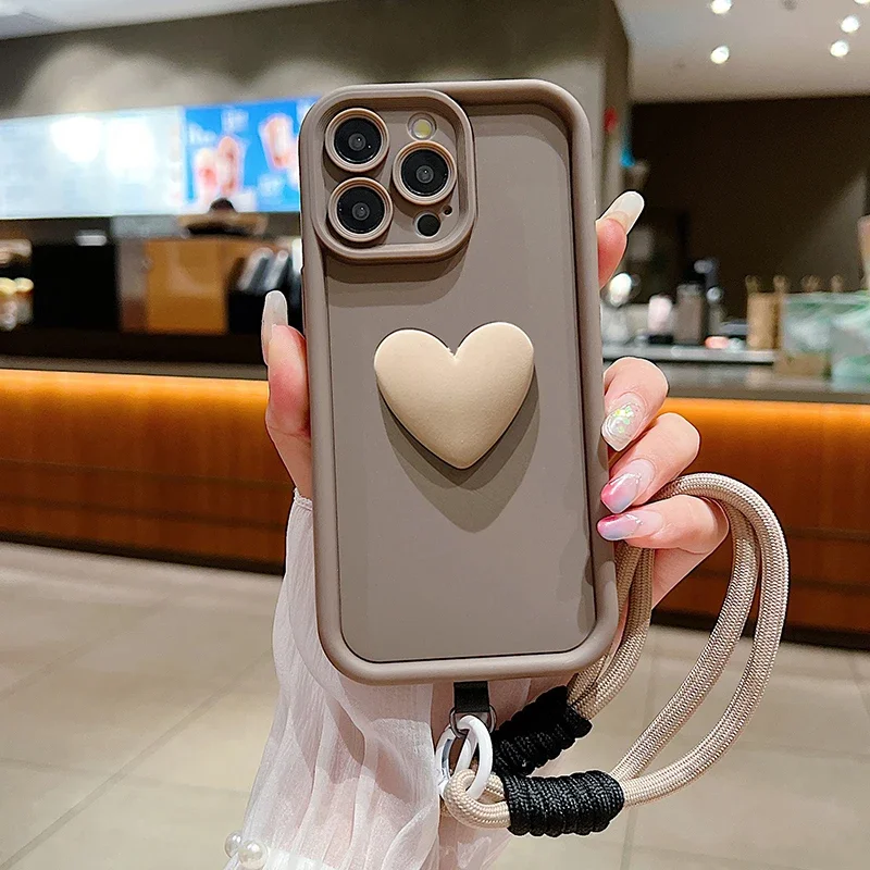 3D Love Heart Matte Soft Lanyard Rope Phone Case For Xiaomi Mi 14 13 12 11 Lite 14T 13T 12T Pro Poco X6 X5 F5 X3 M6 Pro 4G Cover - Image 4