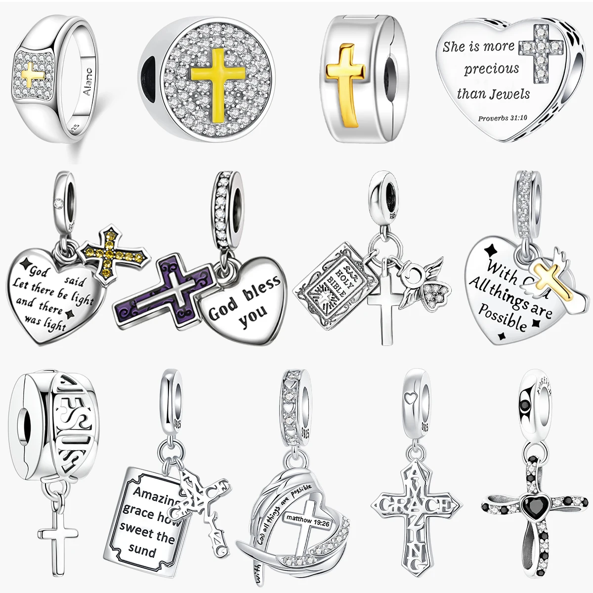 925 Sterling Silver Religious Faith Theme Dangle Charms Cross Bible Angel Scripture Text Enamel Beads Fit Bracelet DIY Jewelry
