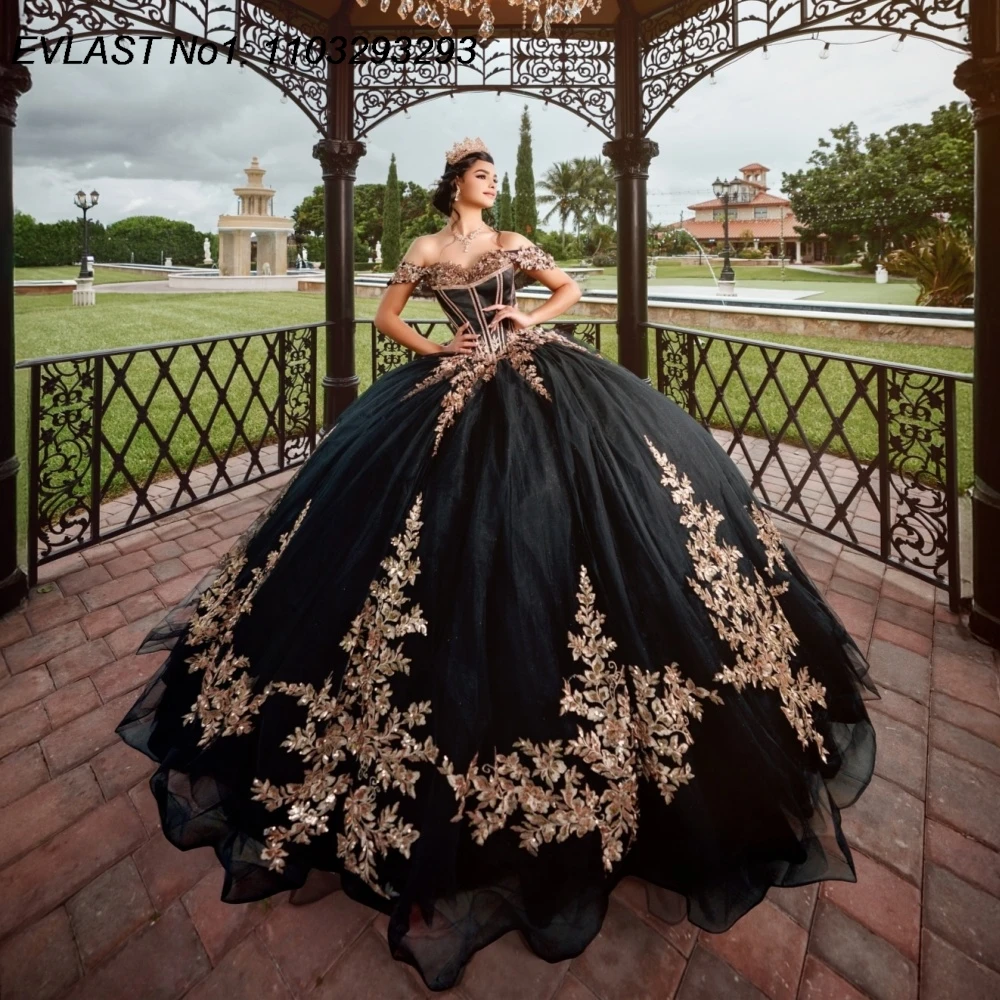 EVLAST Customized Mexican Black Quinceanera Dress Ball Gown Gold Sequins Applique Beading Sweet 16 Vestidos De 15 Anos E1QN855