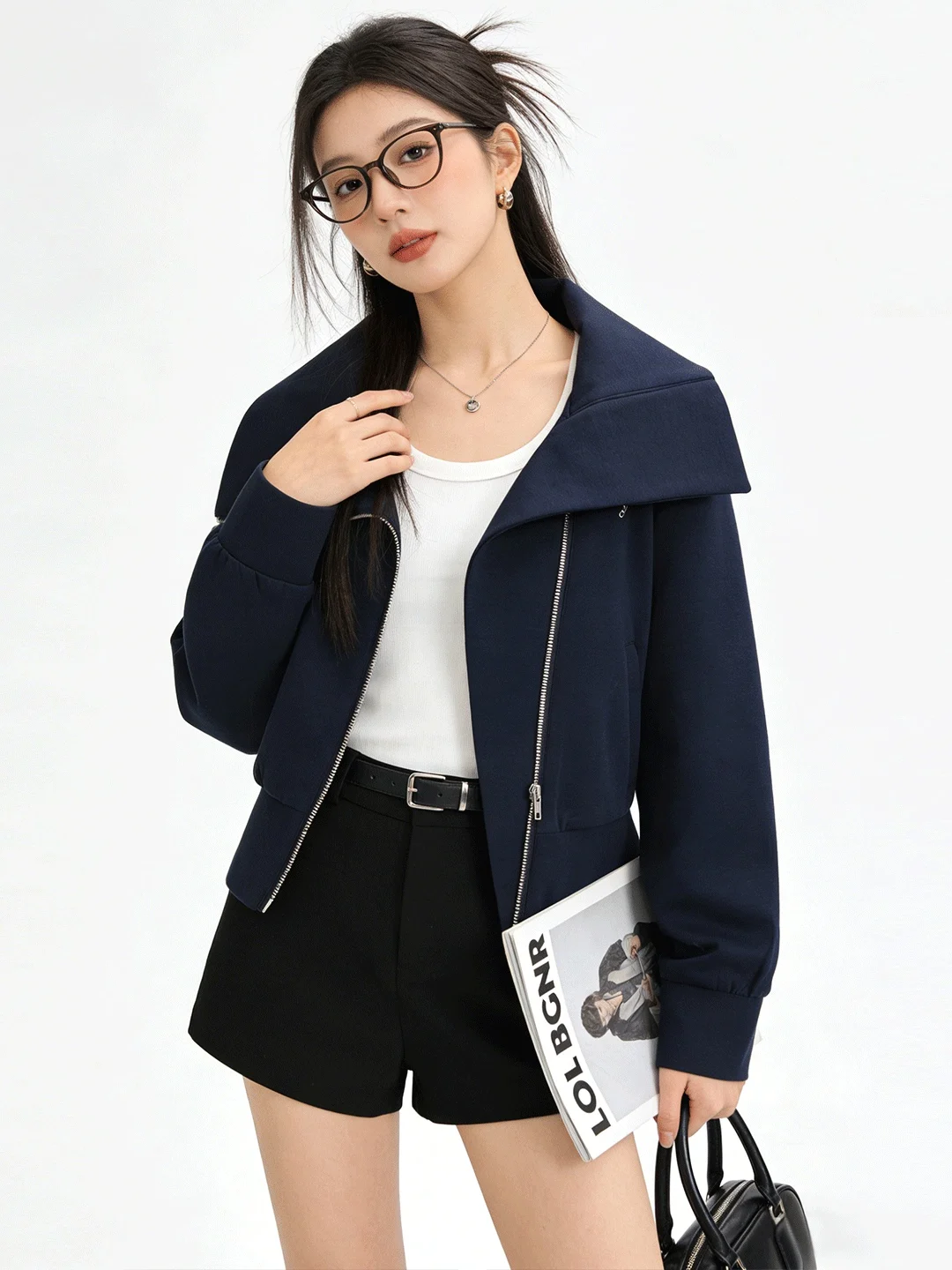 

Blue College Sle Korean Embroidered Sweatirt Jaet Zipper Side Slit Large Collar Early Spring ort Top Women's Faion