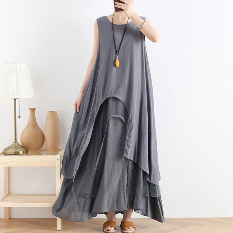 

Fashion Irregular Summer Dress Casual Sexy Strap Pleated Vintage Plus Size Solid Sundress Women Loose Sleeveless Maxi Dress