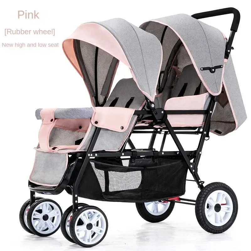 Nieuwe Twins kinderwagen voor- en achterbank, twee personen kunnen zitten en liggen, lichtgewicht opvouwbare kinderhandkar kinderwagen