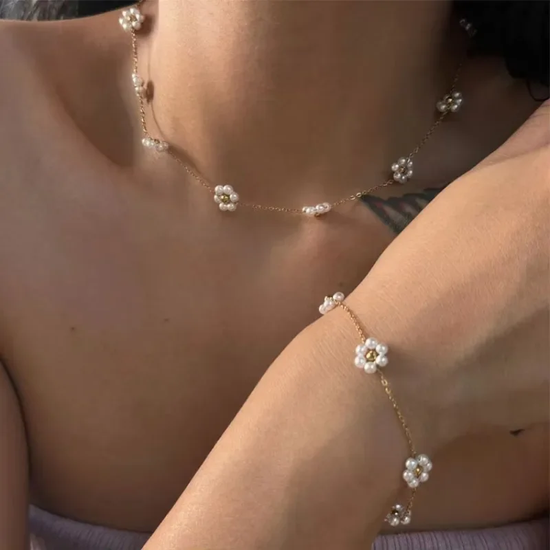 

New Fashion 18K Gold Plated Stainless Steel Necklace Women Girls Chic Style Pearl Beaded Flower Choker Necklace Bracelet Anklet