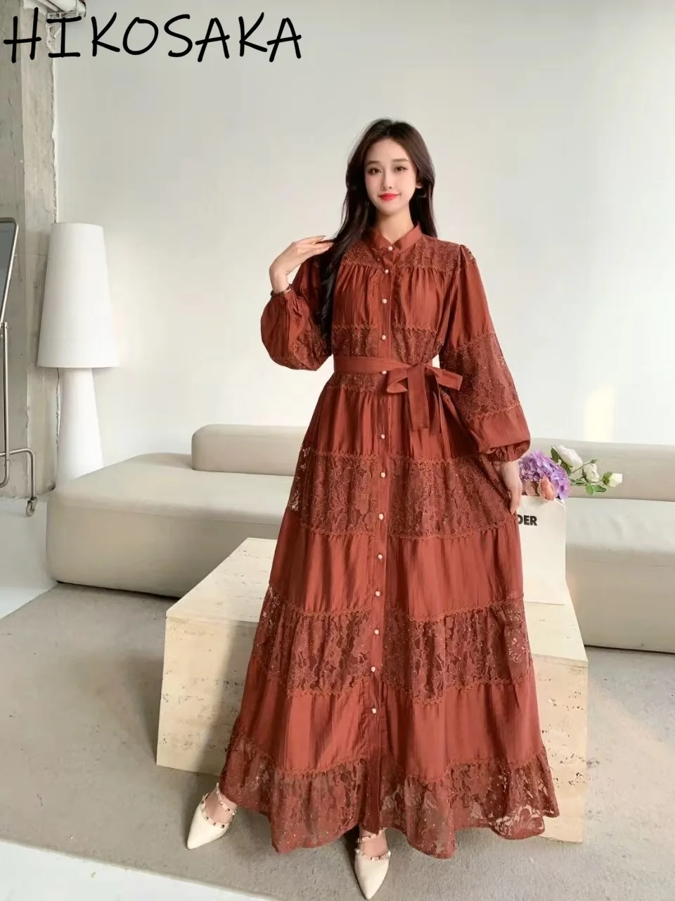 

Stand Collar Single Breasted Long Sleeve Dress French Style Vintage Lace Patchwork Solid Robe All-match Big Swing Vestidos