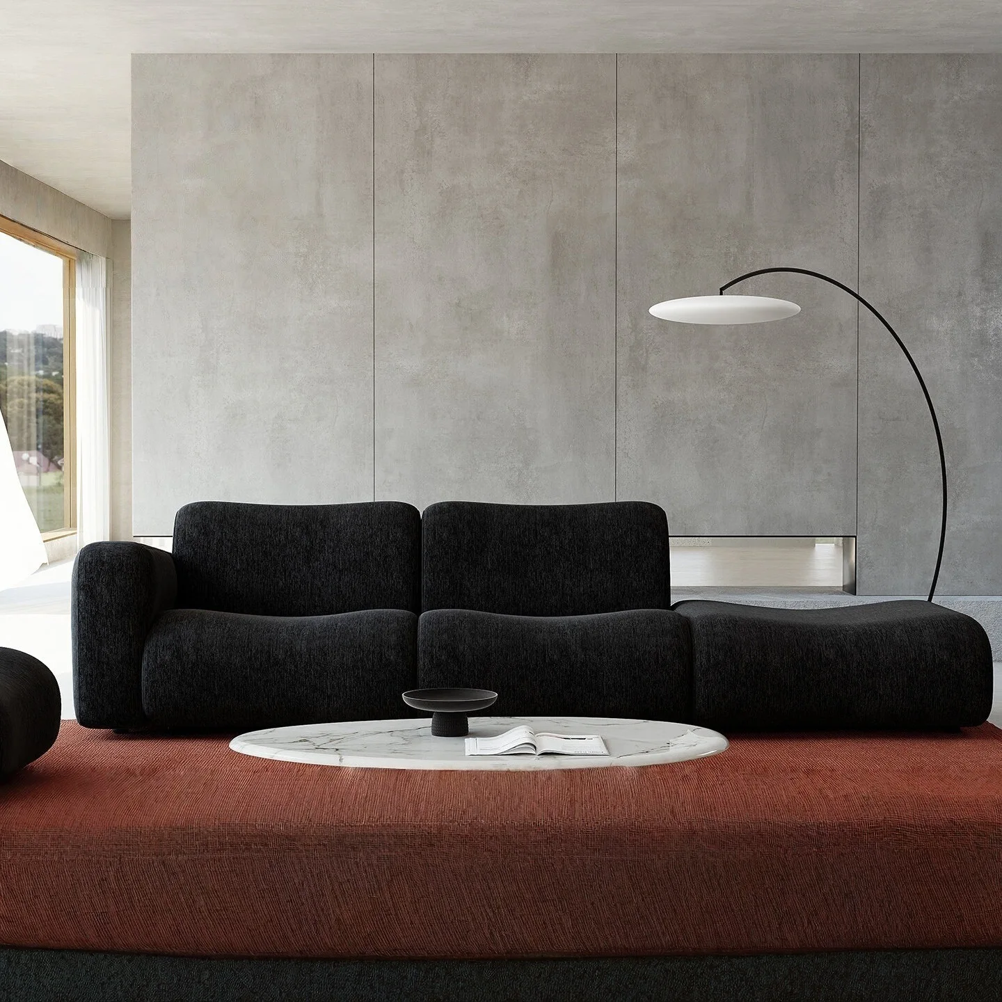 Italian minimalist, modular fabric sofa, wabi-sabi, black chenille, special-shaped combination sofa in the living room
