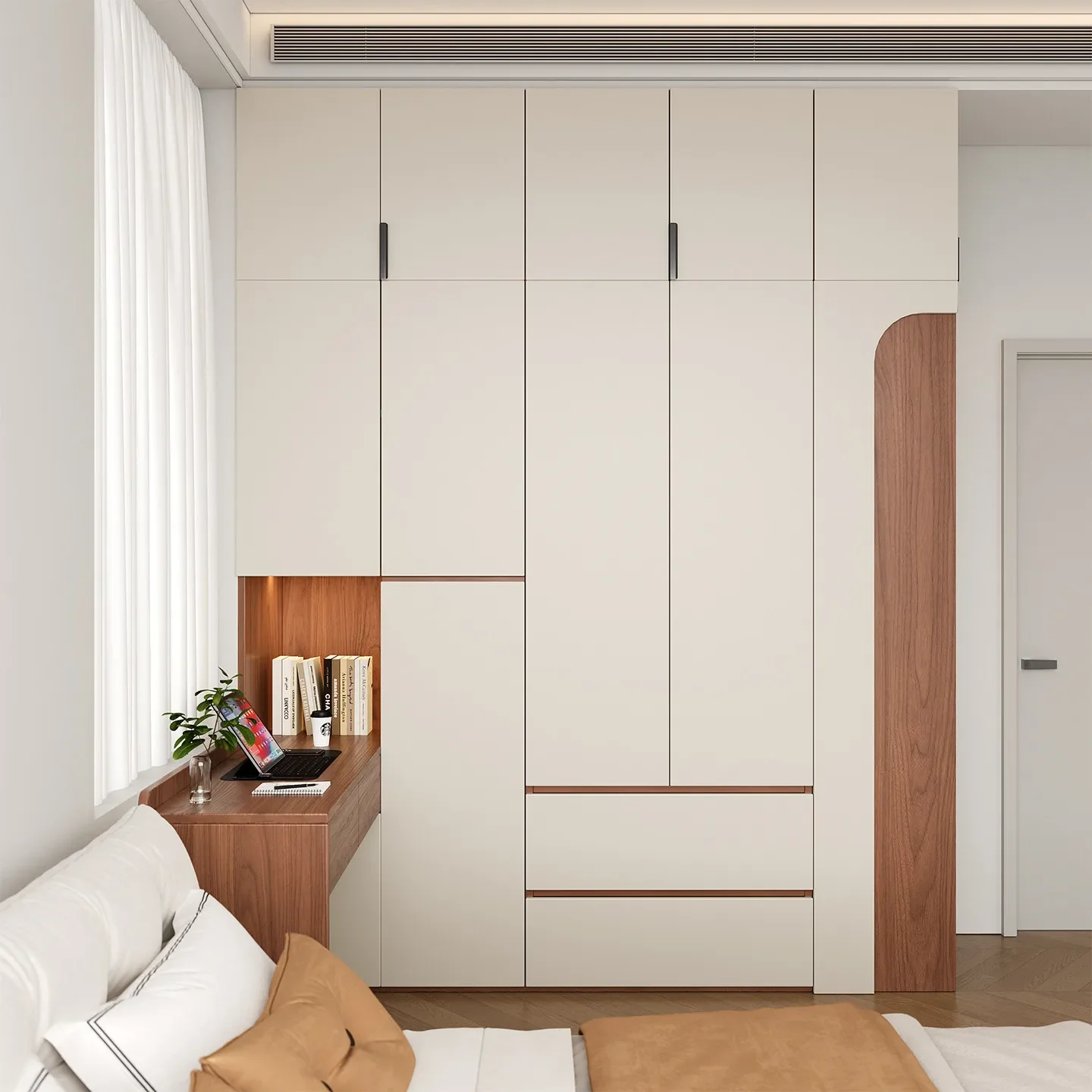 Solid wood wardrobe with desk integrated L-shaped corner wardrobe, home bedroom segmented corner wardrobe combination