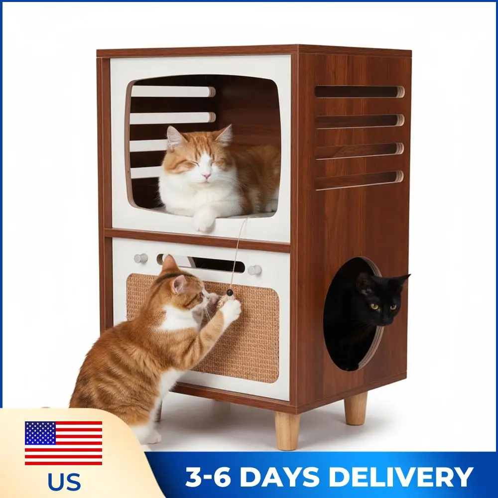 

Ретро-прикроватный столик в стиле телевизора и домик для кошек с когтеточкой, двухъярусная дышащая лежанка для кошек, игровая площадка для питомцев, маленькое гнездышко