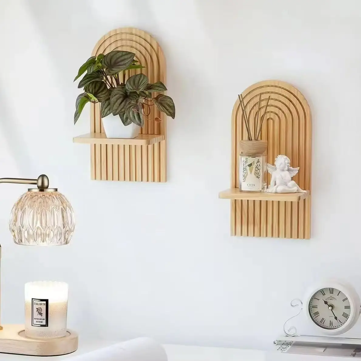 

Boho Wooden Arch Wall Shelves Rustic Plants Decorative Shelf Storage Rack for Organizing & Displaying Artistic Home Decor Gifts