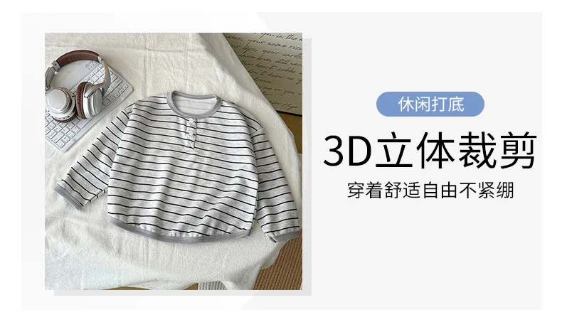 Rundhals-Streifen-T-Shirt mit Knöpfen und langen Ärmeln für Kinder, Herbst-Jungen-Basisshirt, Mädchen-Basisshirt, Baby-Winter-Oberteil, Kinder-T-Shirt – Detail 9