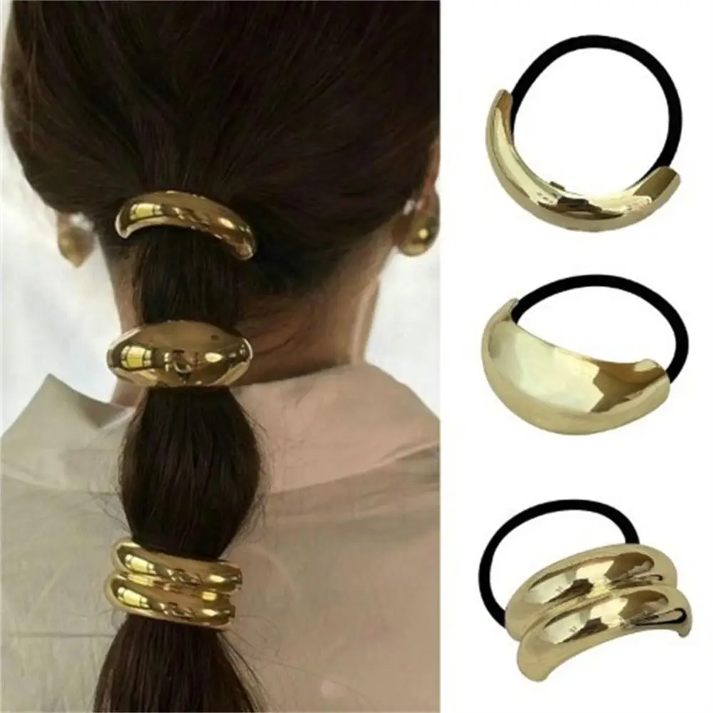 

1Set Creative Metal Hair Ties Elastic Gold/Silver Ponytail Holder U-shaped Geometric Ponytail Hair Cuff for Women