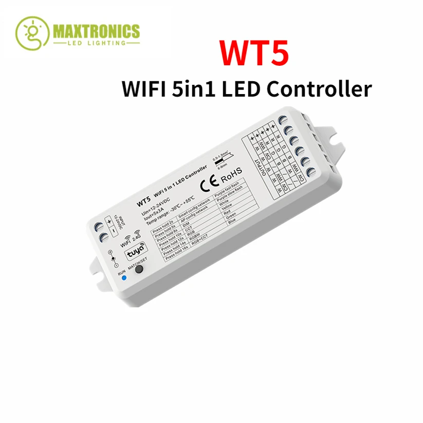 

WT5 DC12V-24V 5in1 LED Wifi Controller RF 2.4G Wireless Dimmer Smart Voice Control For Single Color RGB RGBW RGBCCT Strip Lights