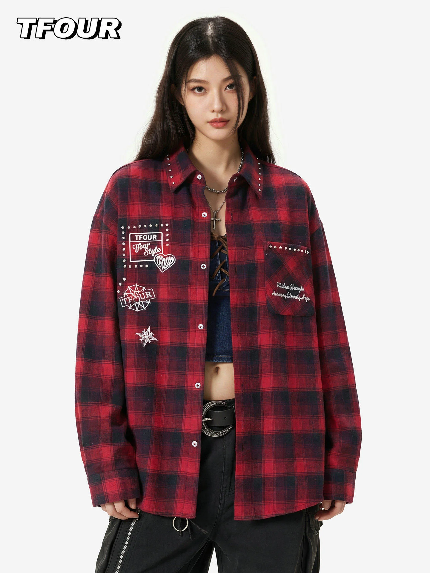 

TFOUR American Retro Long Sleeve Plaid Shirt, 2025 Spring Autumn Loose Casual Pearl Detail Cotton Shirt, Unisex Outerwear
