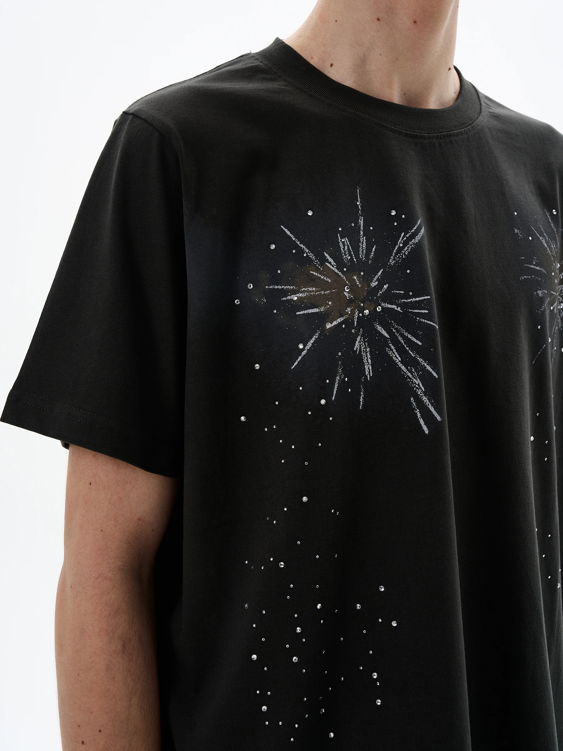 Men's 2025 Spring Summer High-end Handsome Couple Tops High Street Fireworks Hot Diamond Short-sleeve T-shirts Round Neck Tees
