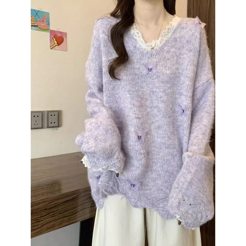 

Fall Lace Butterfly Women Sweaters Sweet Simple Loose Long Sleeve Knitted Jumpers Autumn V Neck Fashion Elegant Pullovers Tops
